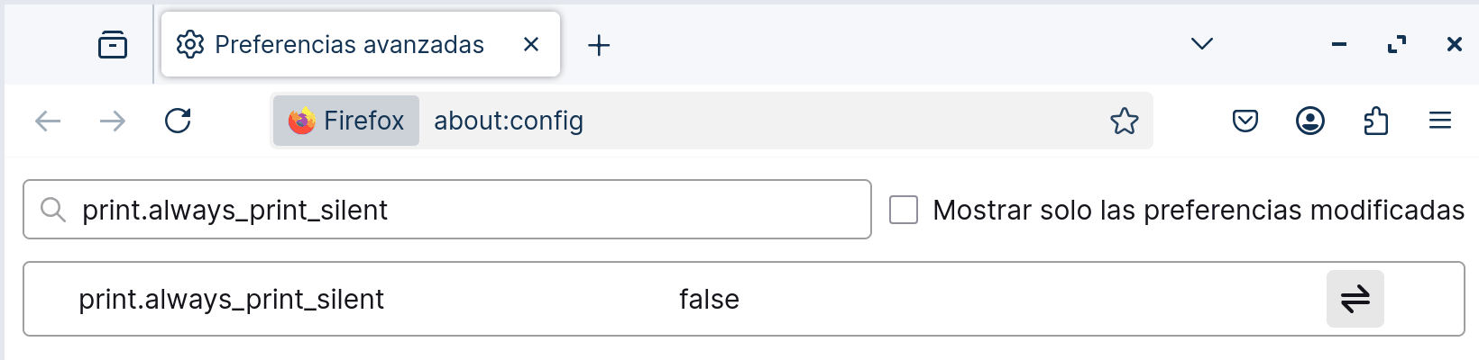 Firefox en about:config con la búsqueda print.always_print_silent y la preferencia en false, con el botón para alternar a la derecha.