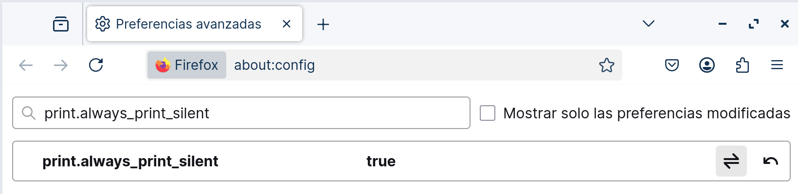 Firefox en about:config con la preferencia print.always_print_silent en true, en negrita porque fue modificada.