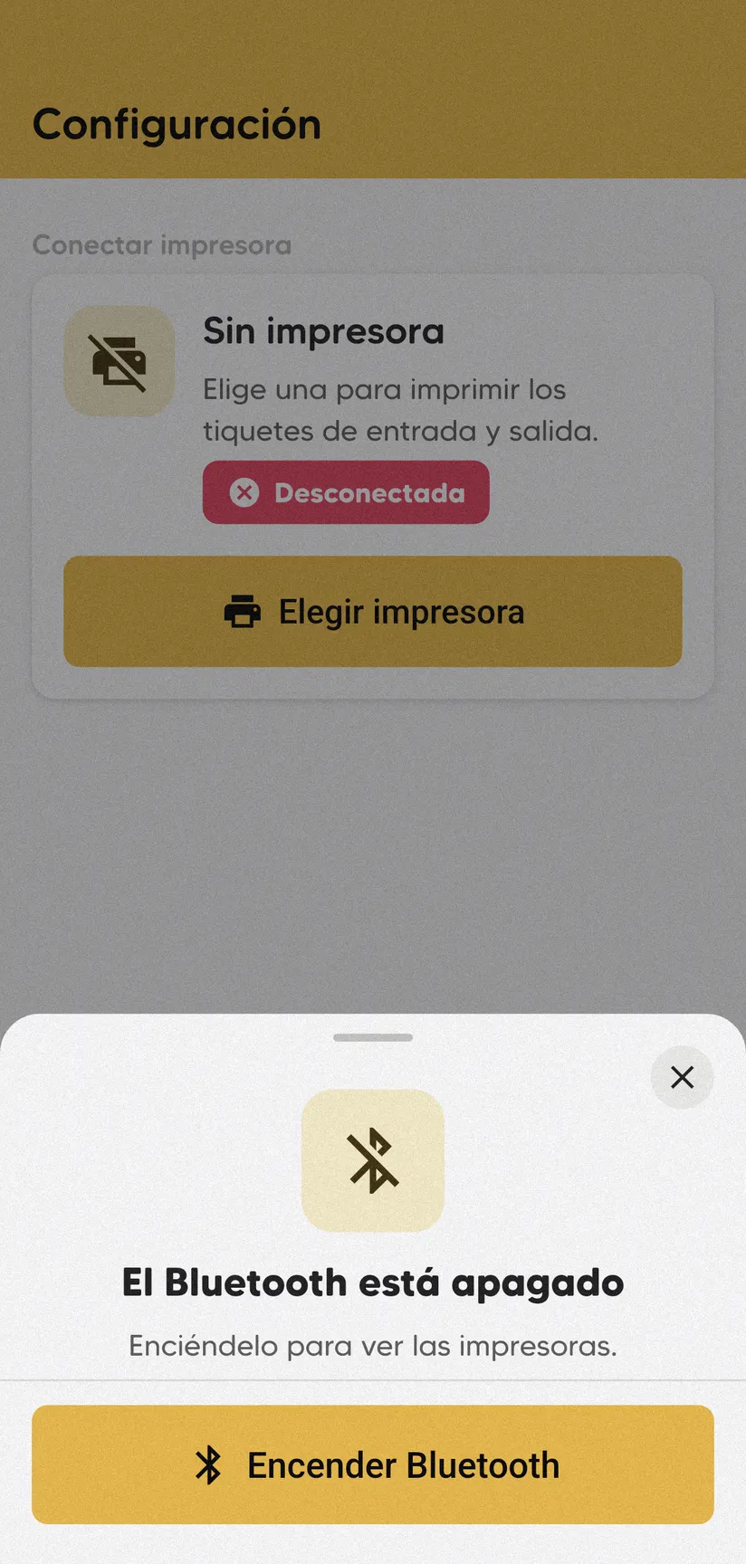 Aviso El Bluetooth está apagado con el texto Enciéndelo para ver las impresoras y el botón Encender Bluetooth.
