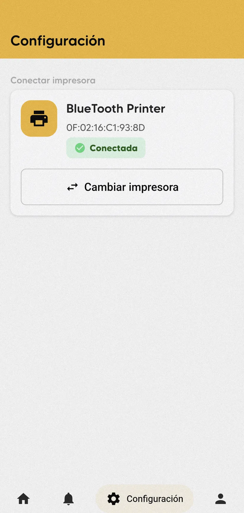 Configuración con la tarjeta de la impresora BlueTooth Printer, la etiqueta Conectada y el botón Cambiar impresora.