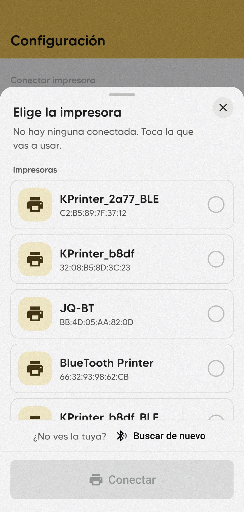 Lista Elige la impresora con el texto No hay ninguna conectada. Toca la que vas a usar, varias impresoras con su dirección y el botón Conectar desactivado.