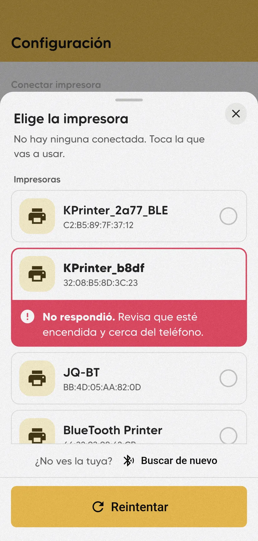 Lista Elige la impresora con una impresora marcada en rojo y el mensaje No respondió. Revisa que esté encendida y cerca del teléfono, y el botón Reintentar.