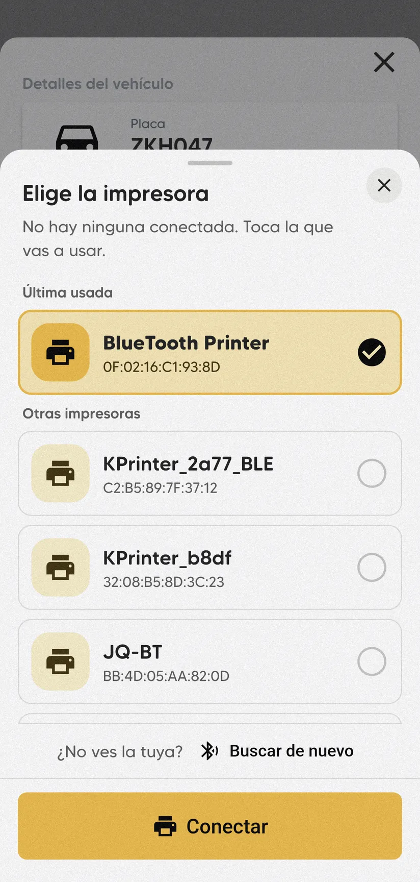 Lista Elige la impresora con BlueTooth Printer marcada en Última usada, la sección Otras impresoras y el botón Conectar.