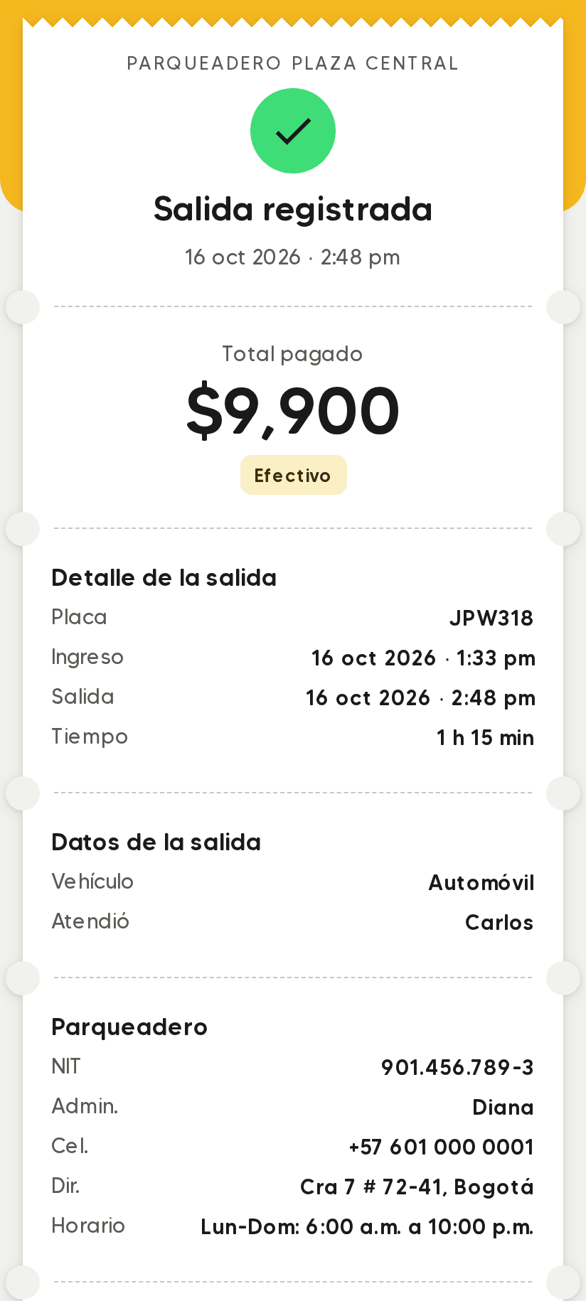 Página del mismo enlace después de la salida: Salida registrada, Total pagado, Efectivo, Detalle de la salida con placa, ingreso, salida y tiempo.