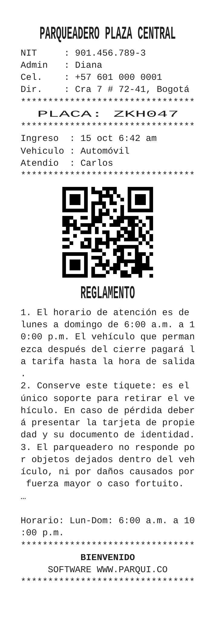 Tiquete de entrada impreso con los datos del parqueadero, PLACA ZKH047, ingreso, vehículo, quien atendió, el código QR y el reglamento.