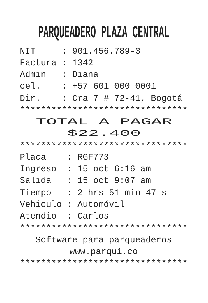 Recibo de salida impreso con Factura 1342, TOTAL A PAGAR $22.400, placa RGF773, ingreso, salida, tiempo, vehículo y quien atendió.
